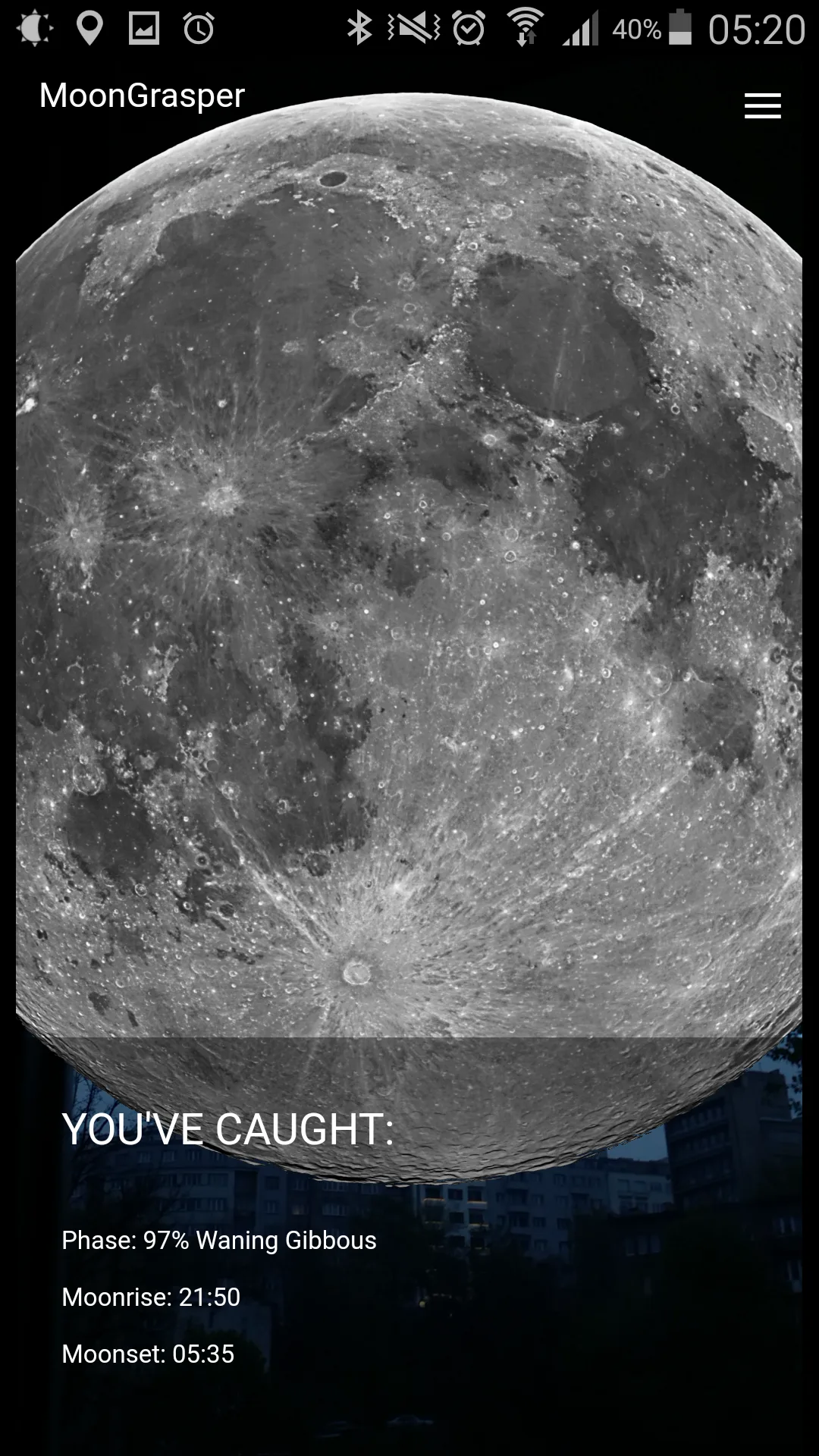 Original MoonGrasper mobile screen showing the Moon and phase details